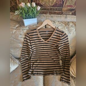 GAP Brown and Black Striped V-Neck Long Sleeve Tee